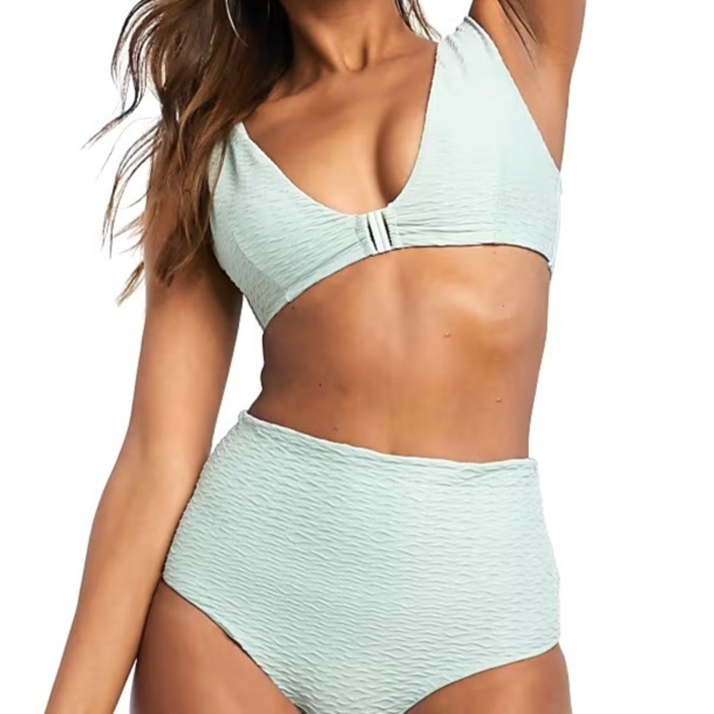 ASOS Green TEXTURED Front Clasp PLUNGE NECK Hi-Waist BEACH Swimsuit Bikini US-6